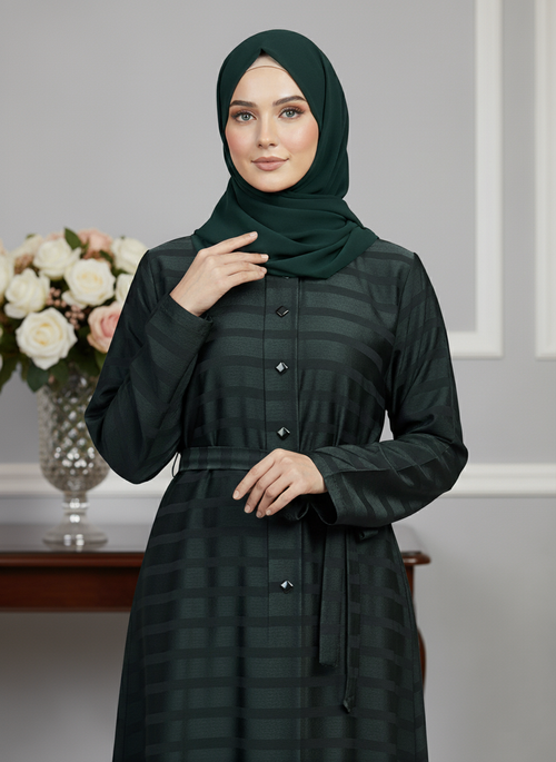 Premium Dark Green Belted Abaya - Zoom Nida Fabric