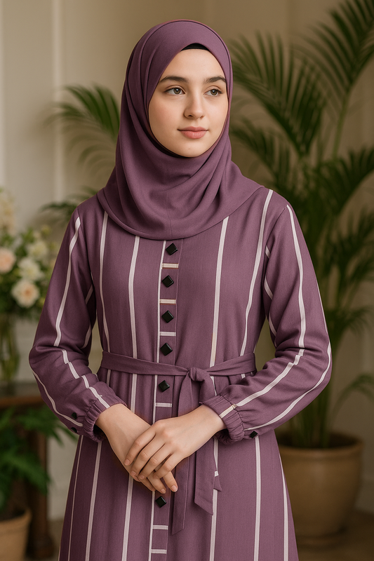 Premium Luxe Stripe Belted Abaya - Zoom Nida Fabric