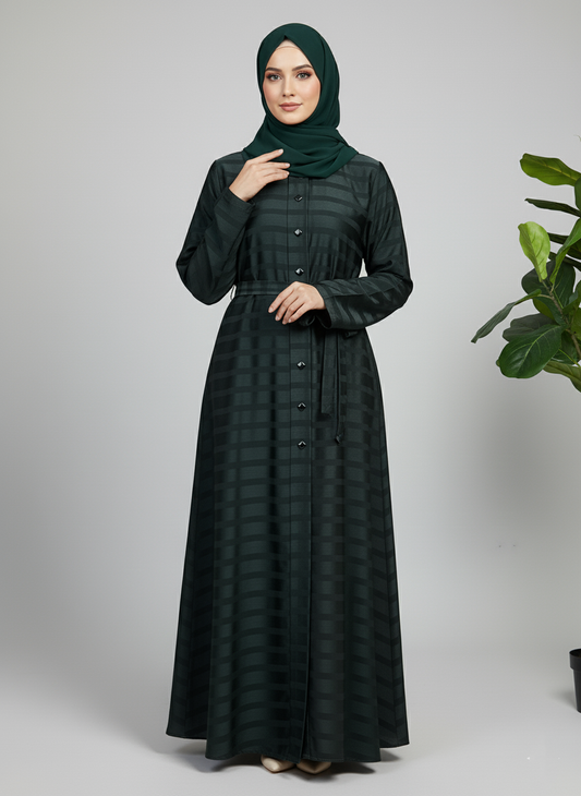 Premium Dark Green Belted Abaya - Zoom Nida Fabric
