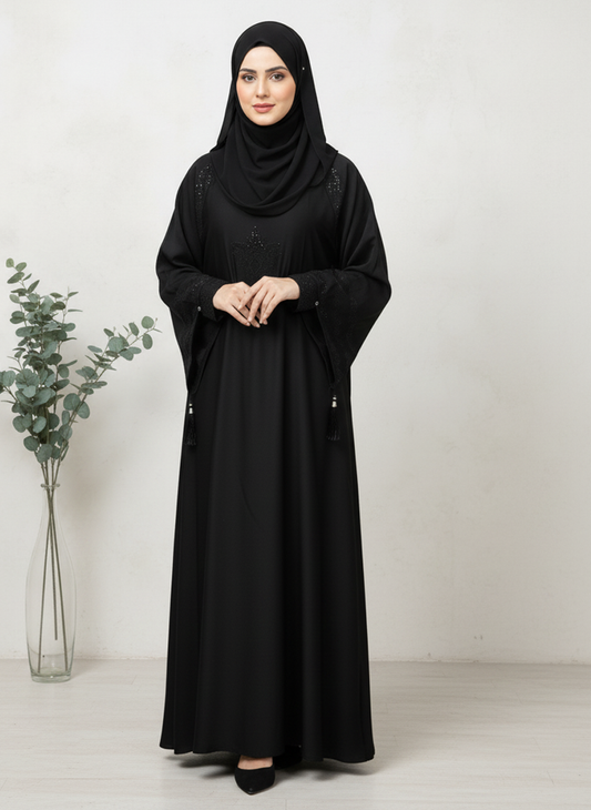 Premium Black Abaya with Stones Embossed - Pure  Nida Fabric