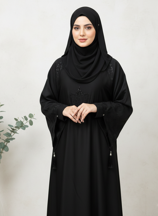 Premium Black Abaya with Stones Embossed - Pure  Nida Fabric